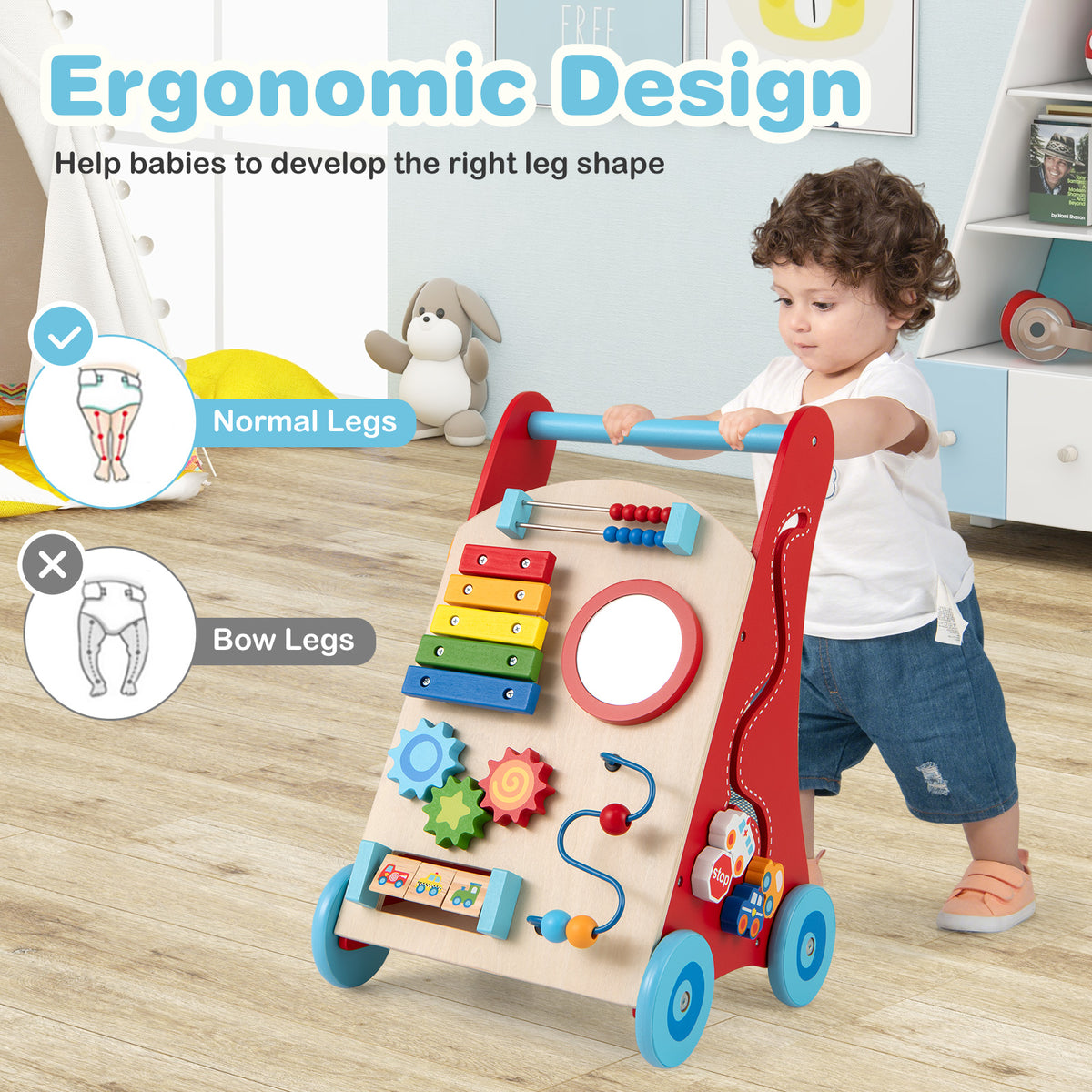 Baby Push Walker with Handle, Wheels & Mirror for 3+ Years Old - Multicolor