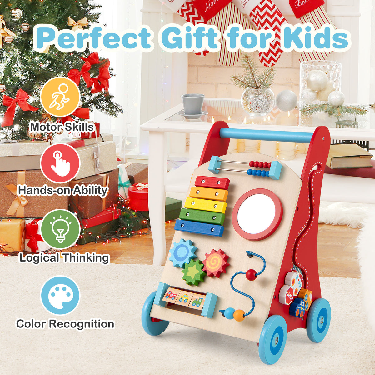 Baby Push Walker with Handle, Wheels & Mirror for 3+ Years Old - Multicolor