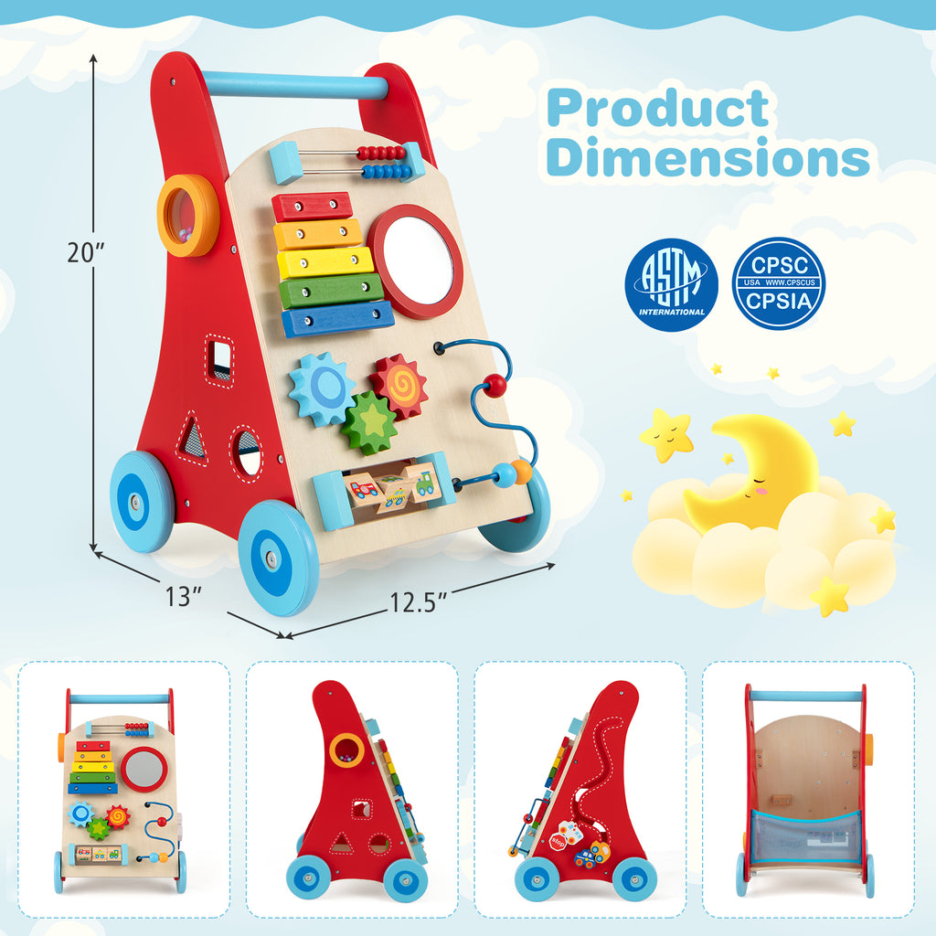 Baby Push Walker with Handle, Wheels & Mirror for 3+ Years Old - Multicolor