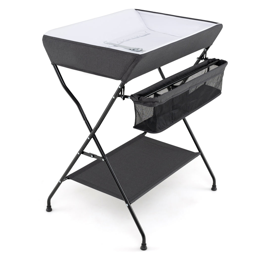 Baby Storage Foldable Diaper Changing Table - Black, Adjustable & Portable