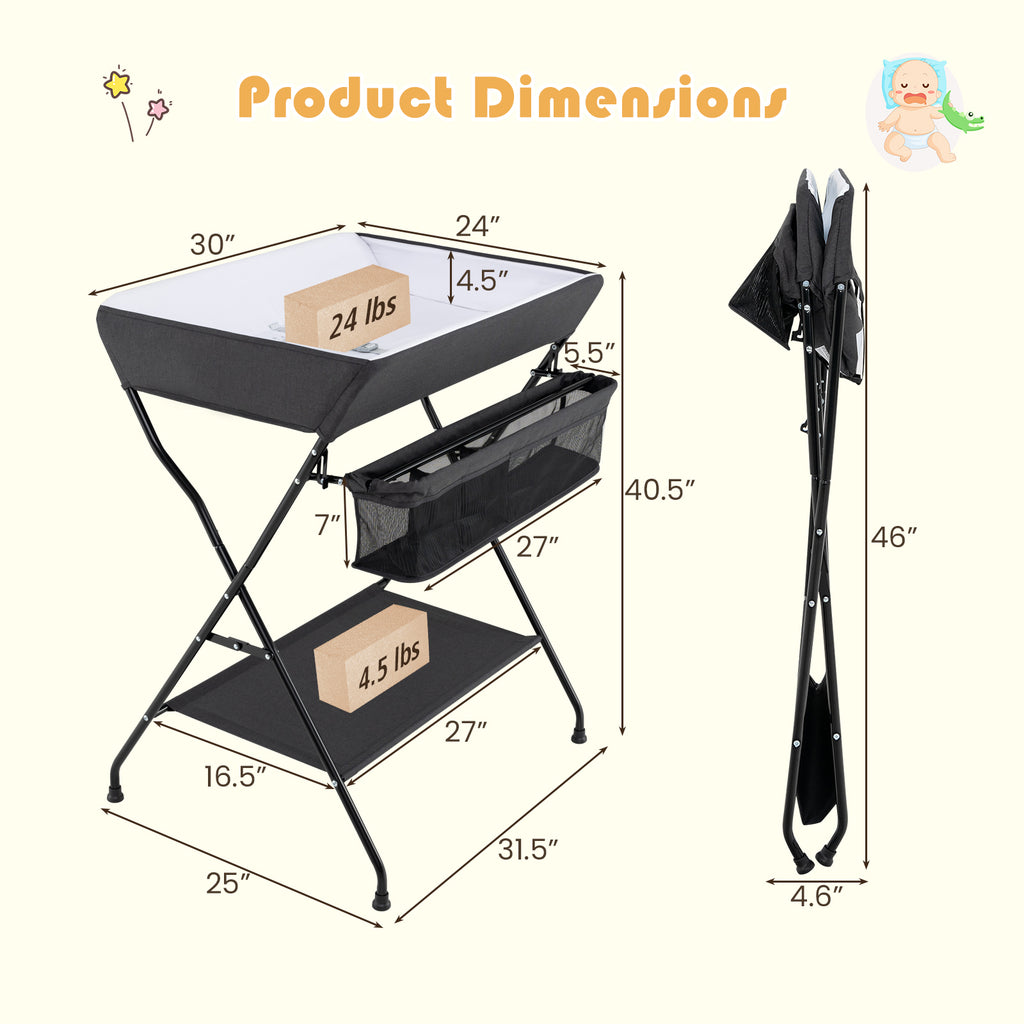 Baby Storage Foldable Diaper Changing Table - Black, Adjustable & Portable