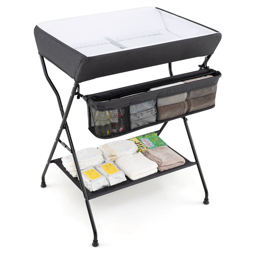 Baby Storage Foldable Diaper Changing Table - Black, Adjustable & Portable