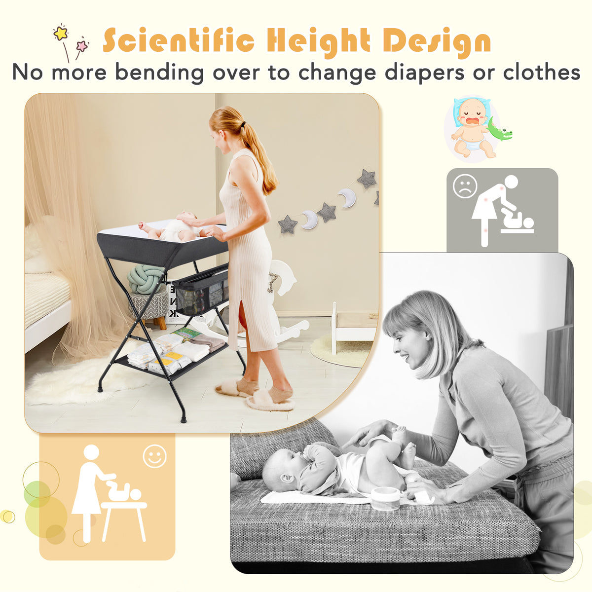 Baby Storage Foldable Diaper Changing Table - Black, Adjustable & Portable