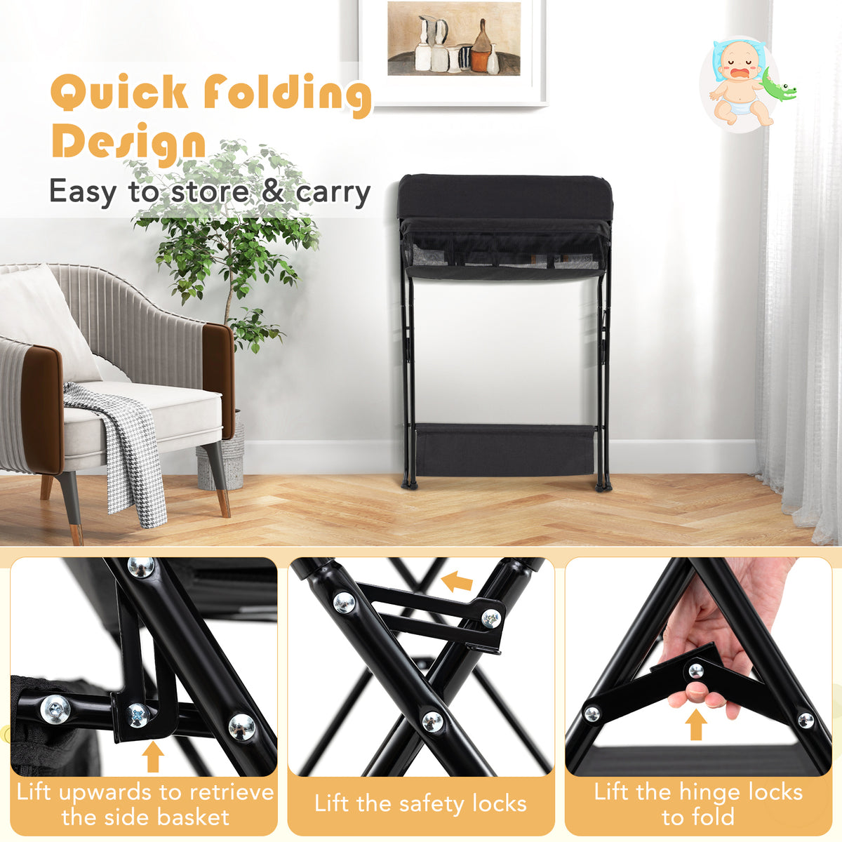 Baby Storage Foldable Diaper Changing Table - Black, Adjustable & Portable