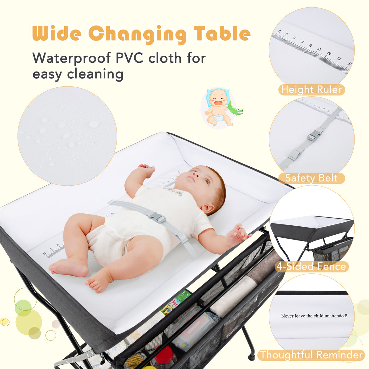 Baby Storage Foldable Diaper Changing Table - Black, Adjustable & Portable