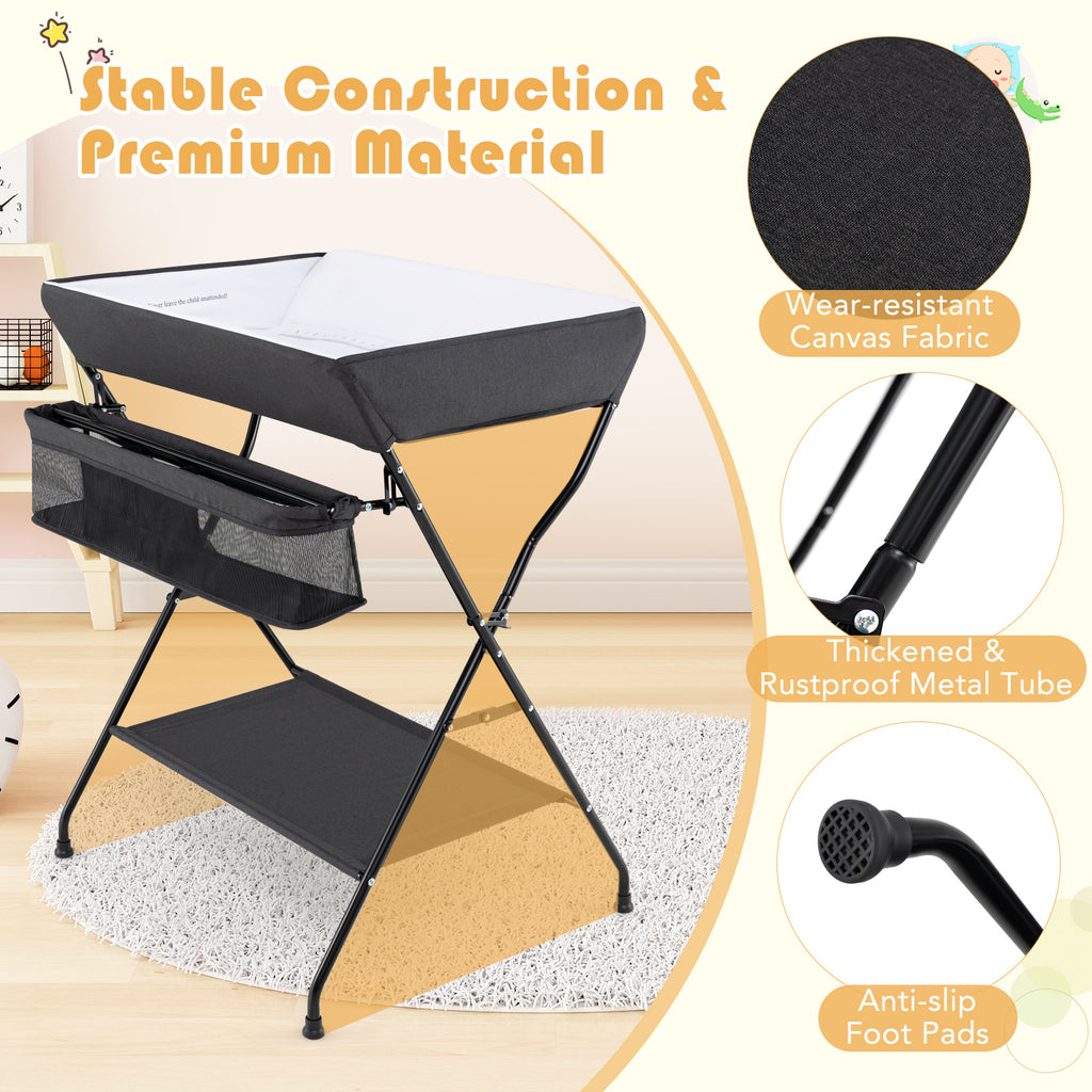 Baby Storage Foldable Diaper Changing Table - Black, Adjustable & Portable