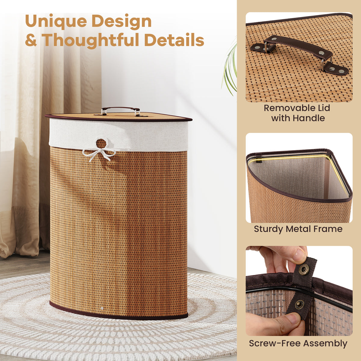 Bamboo Laundry Hamper Basket with Lid and Removable Liner Bag