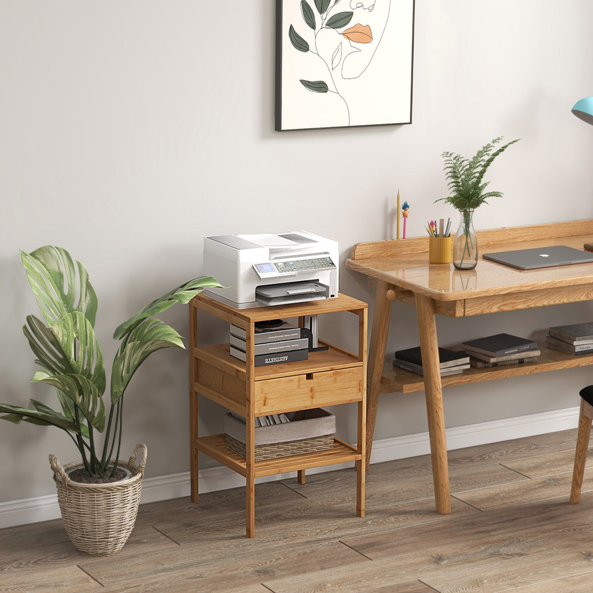 Bamboo Nightstand with 2 Open Shelves and Drawer