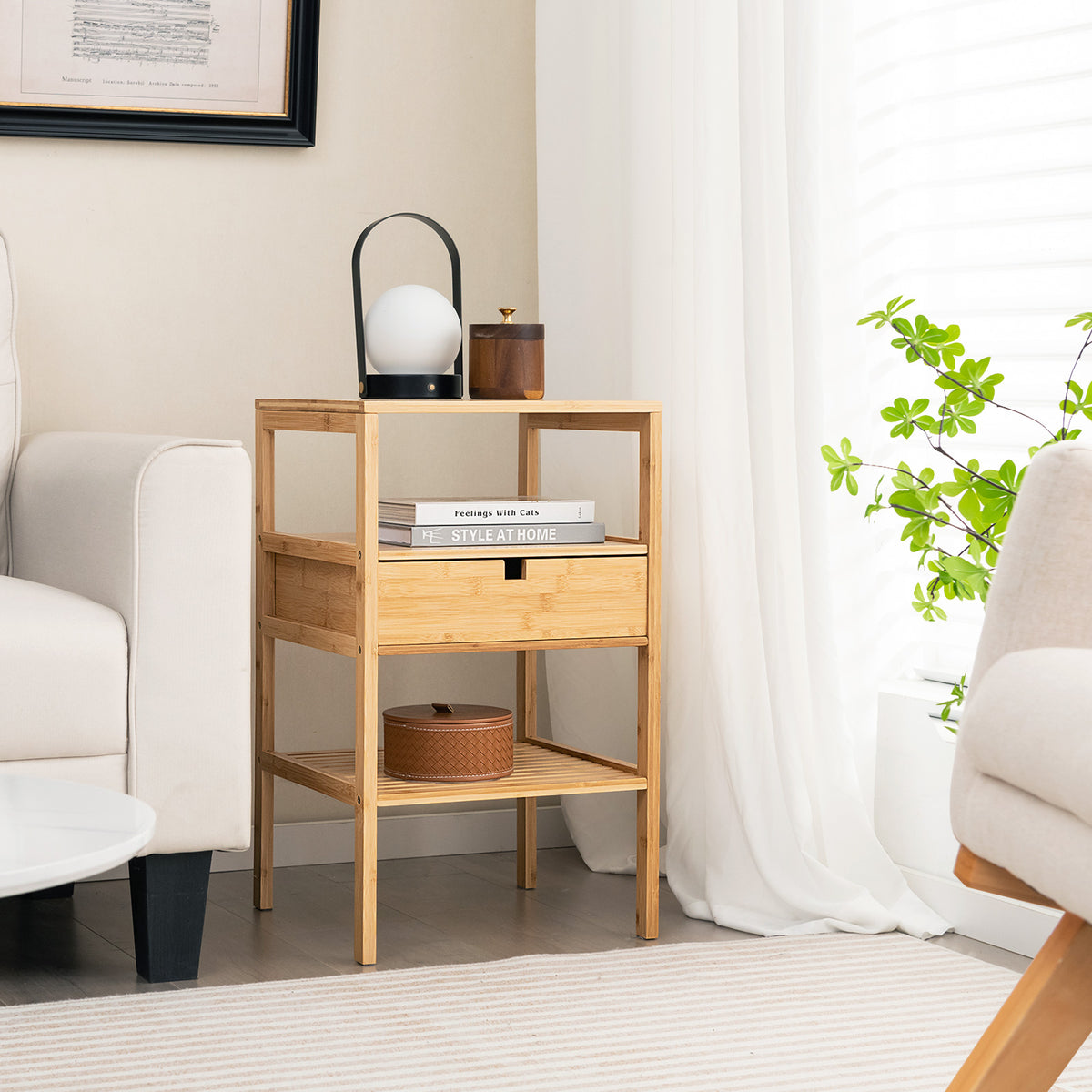 Bamboo Nightstand with 2 Open Shelves and Drawer