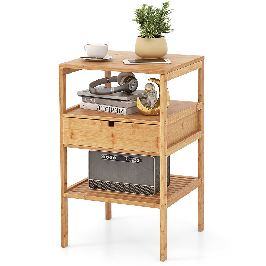 Bamboo Nightstand with 2 Open Shelves and Drawer