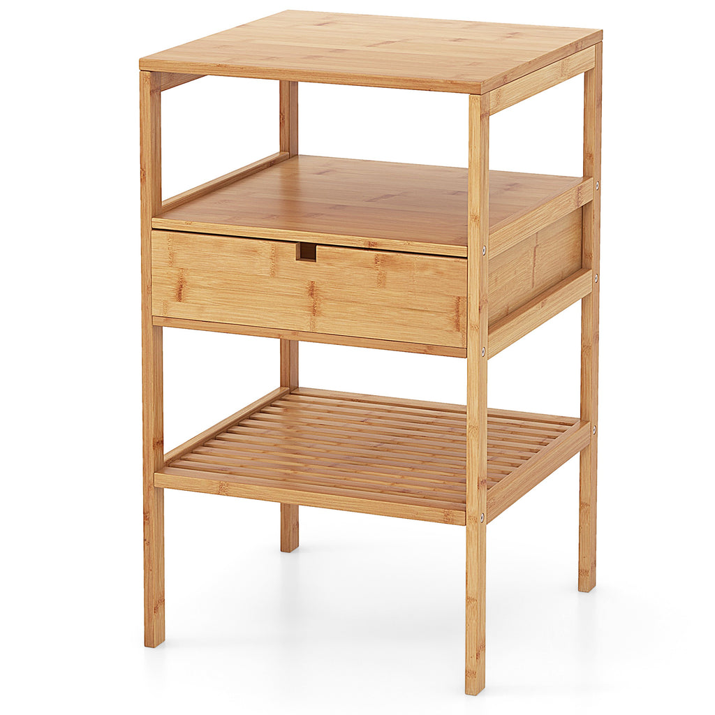 Bamboo Nightstand with 2 Open Shelves and Drawer
