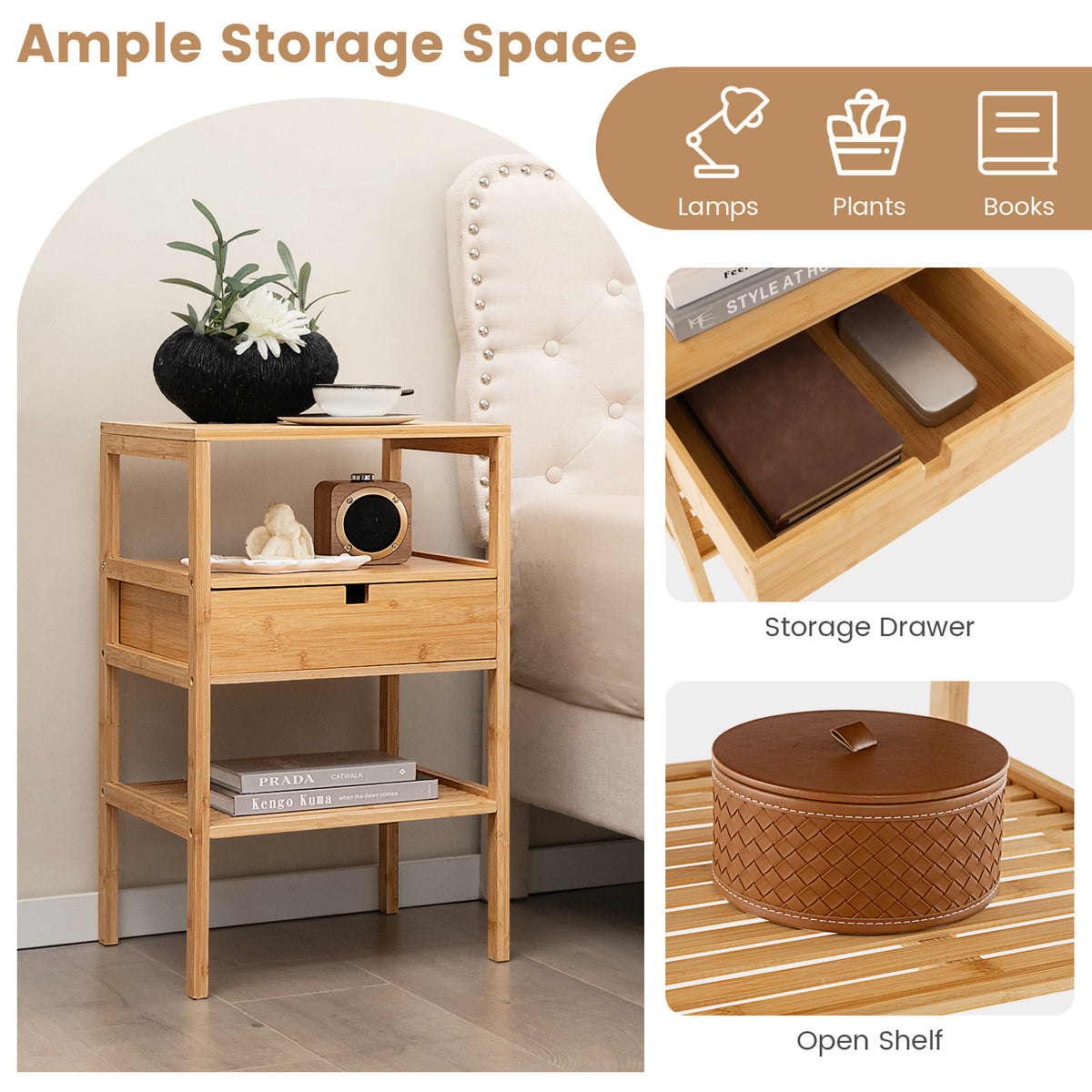 Bamboo Nightstand with 2 Open Shelves and Drawer