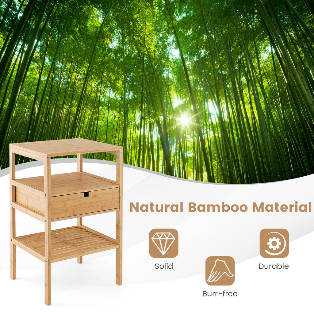 Bamboo Nightstand with 2 Open Shelves and Drawer