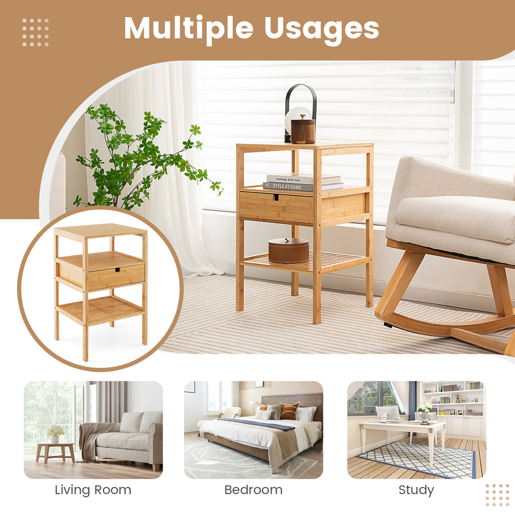 Bamboo Nightstand with 2 Open Shelves and Drawer