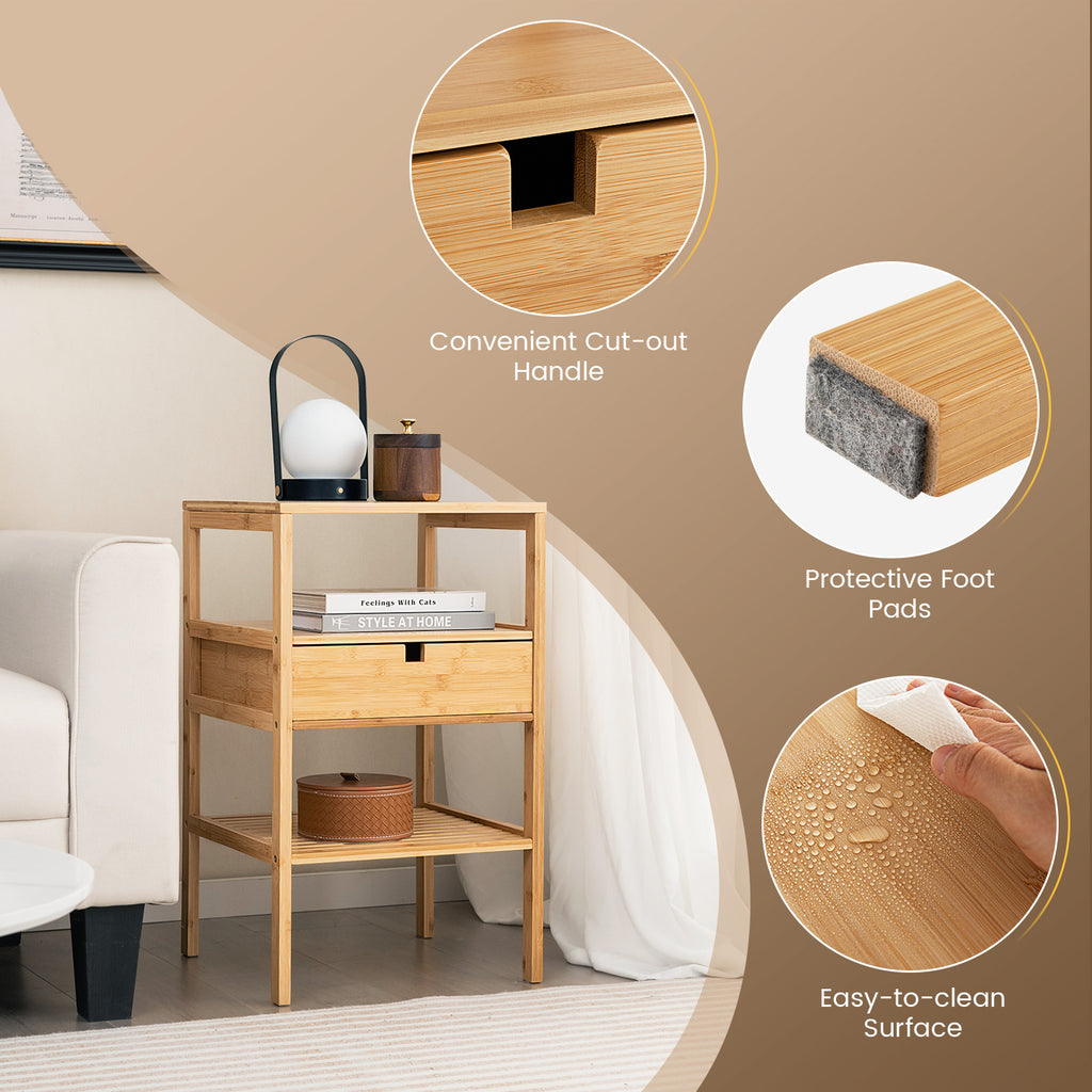 Bamboo Nightstand with 2 Open Shelves and Drawer