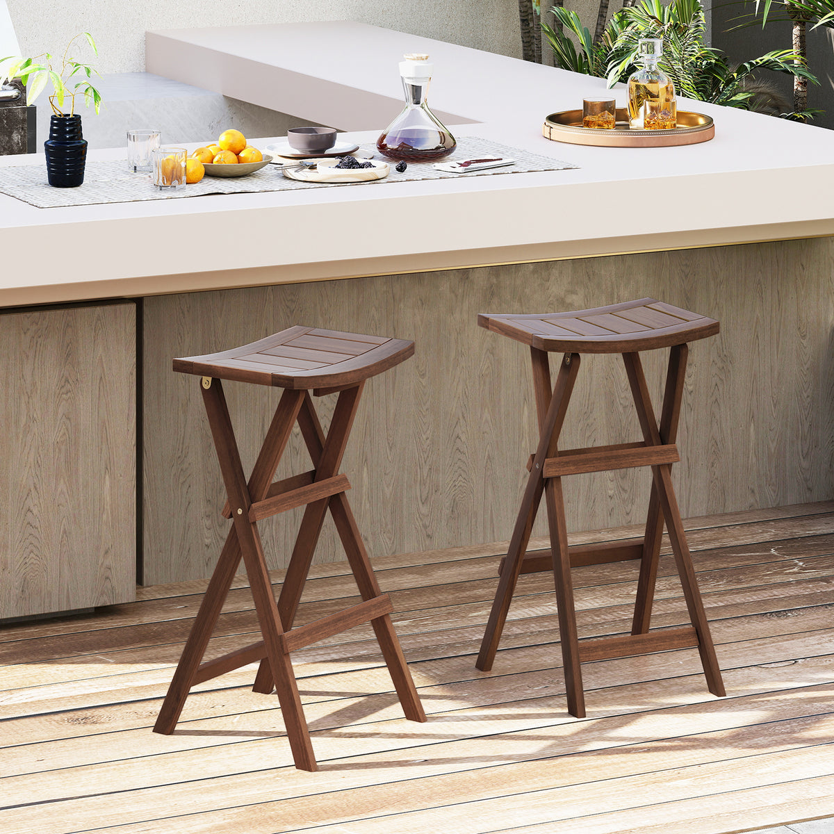 Foldable Teak Wood Bar Stool Set of 2 with Saddle Seat