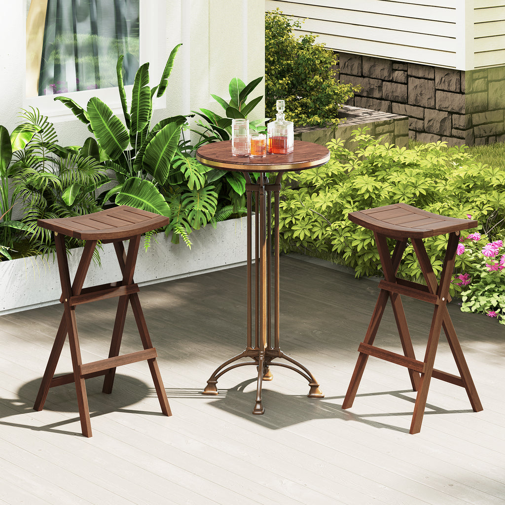 Foldable Teak Wood Bar Stool Set of 2 with Saddle Seat