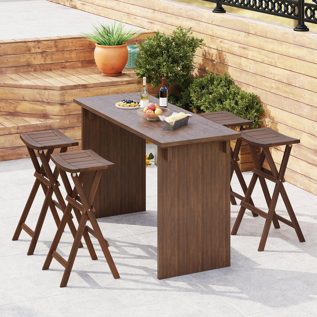 Foldable Teak Wood Bar Stool Set of 2 with Saddle Seat