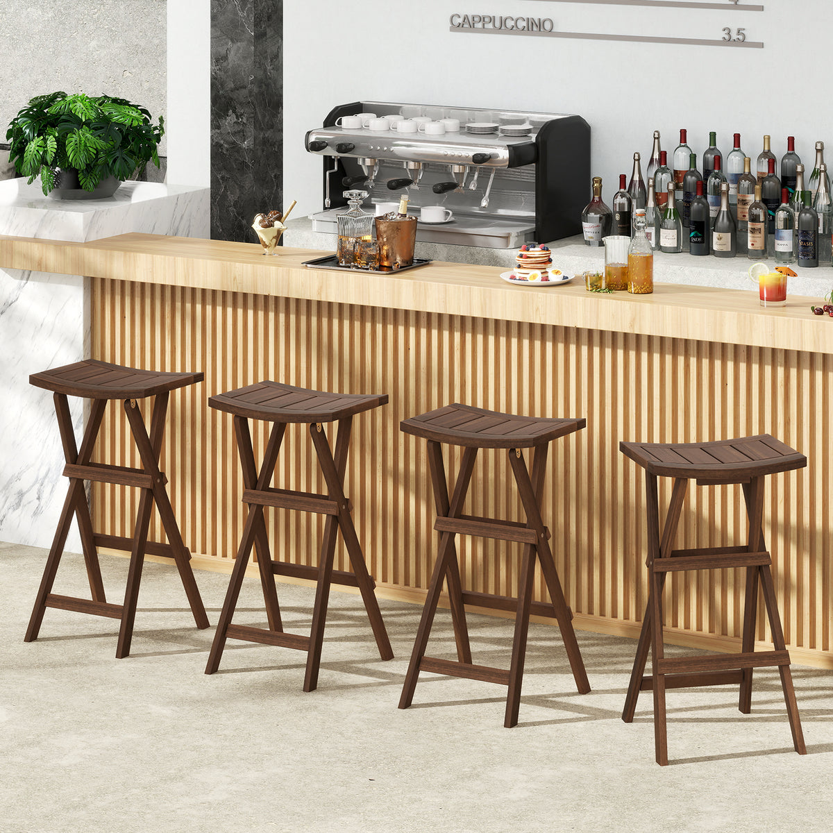 Foldable Teak Wood Bar Stool Set of 2 with Saddle Seat