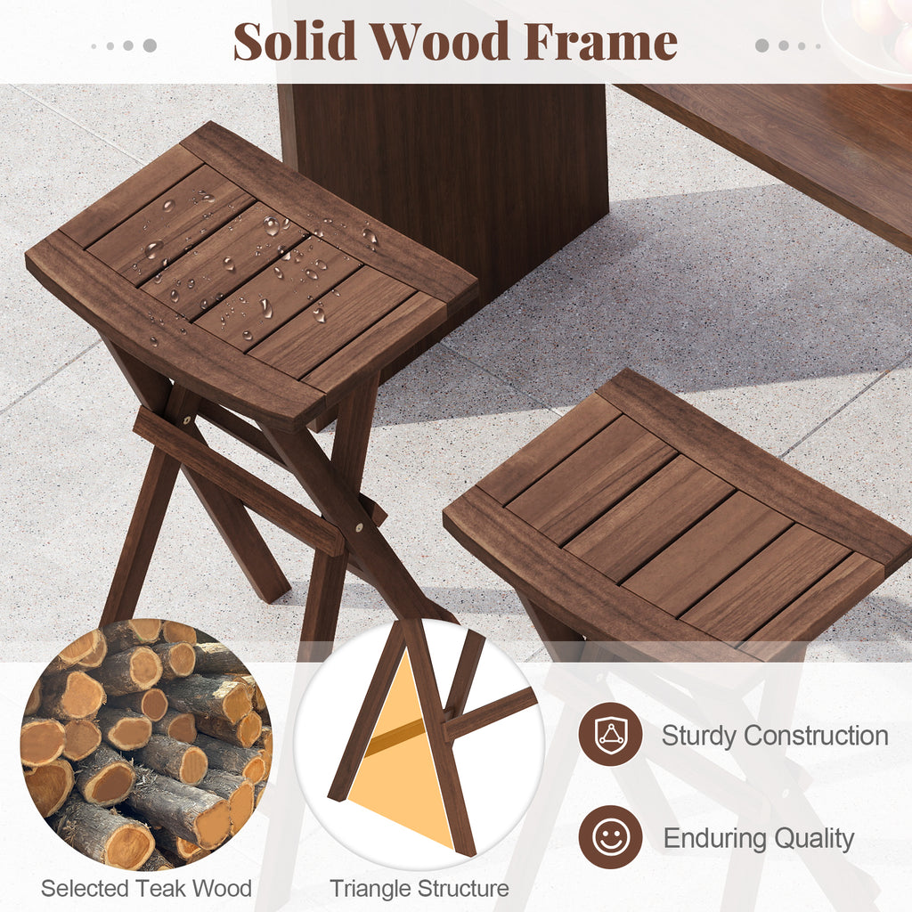 Foldable Teak Wood Bar Stool Set of 2 with Saddle Seat