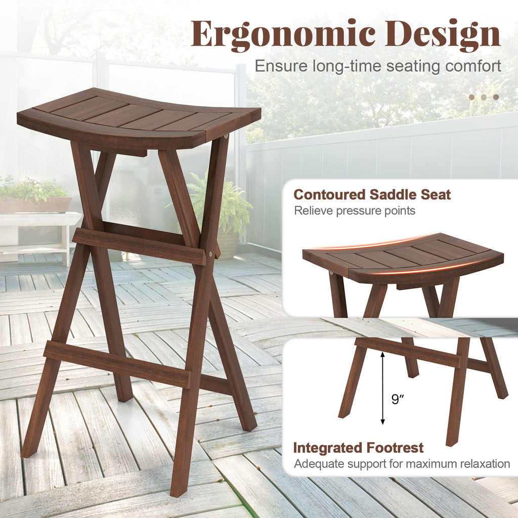 Foldable Teak Wood Bar Stool Set of 2 with Saddle Seat
