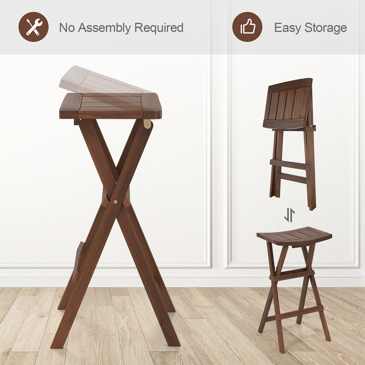 Foldable Teak Wood Bar Stool Set of 2 with Saddle Seat