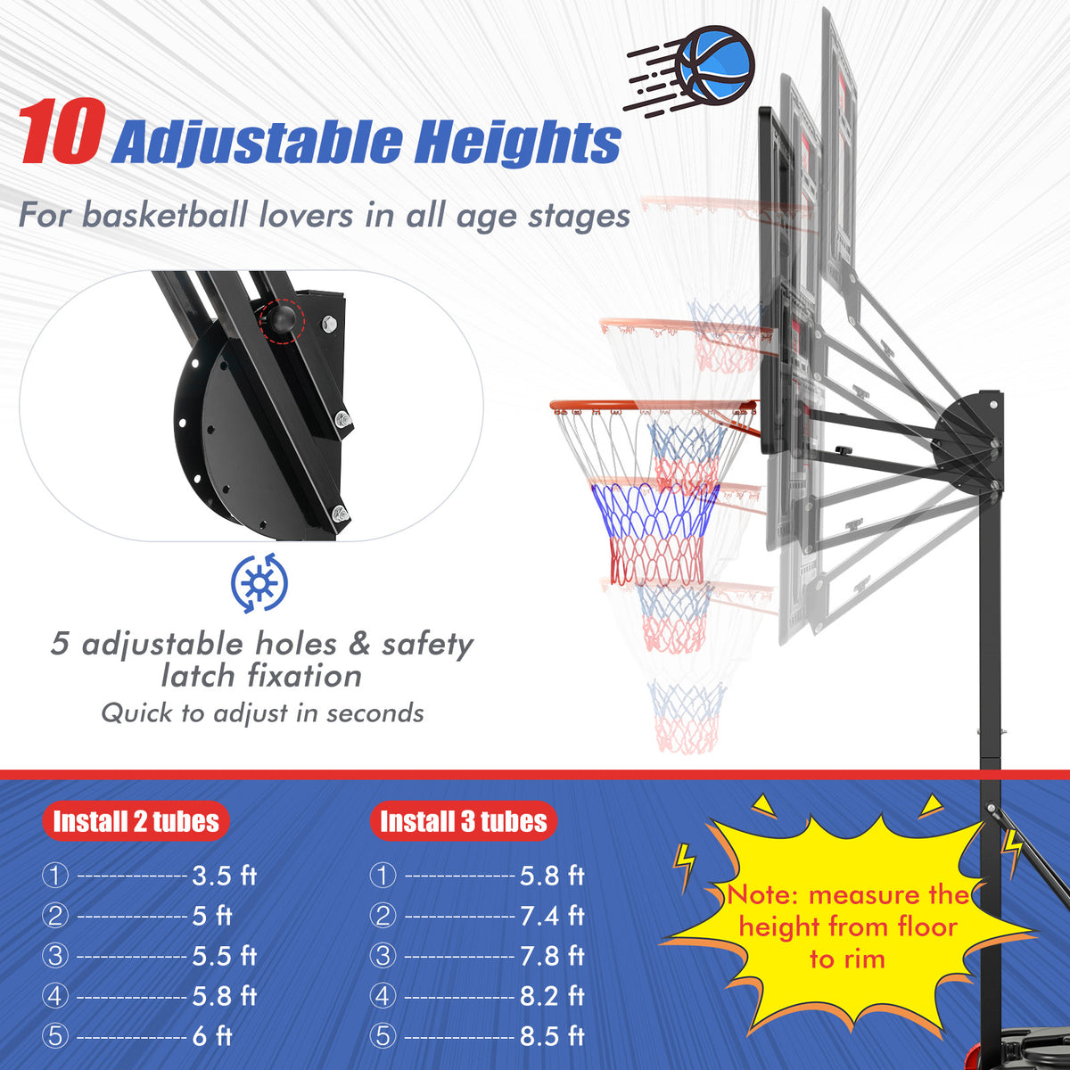 Adjustable Indoor Outdoor Basketball Hoop with Backboard and Net