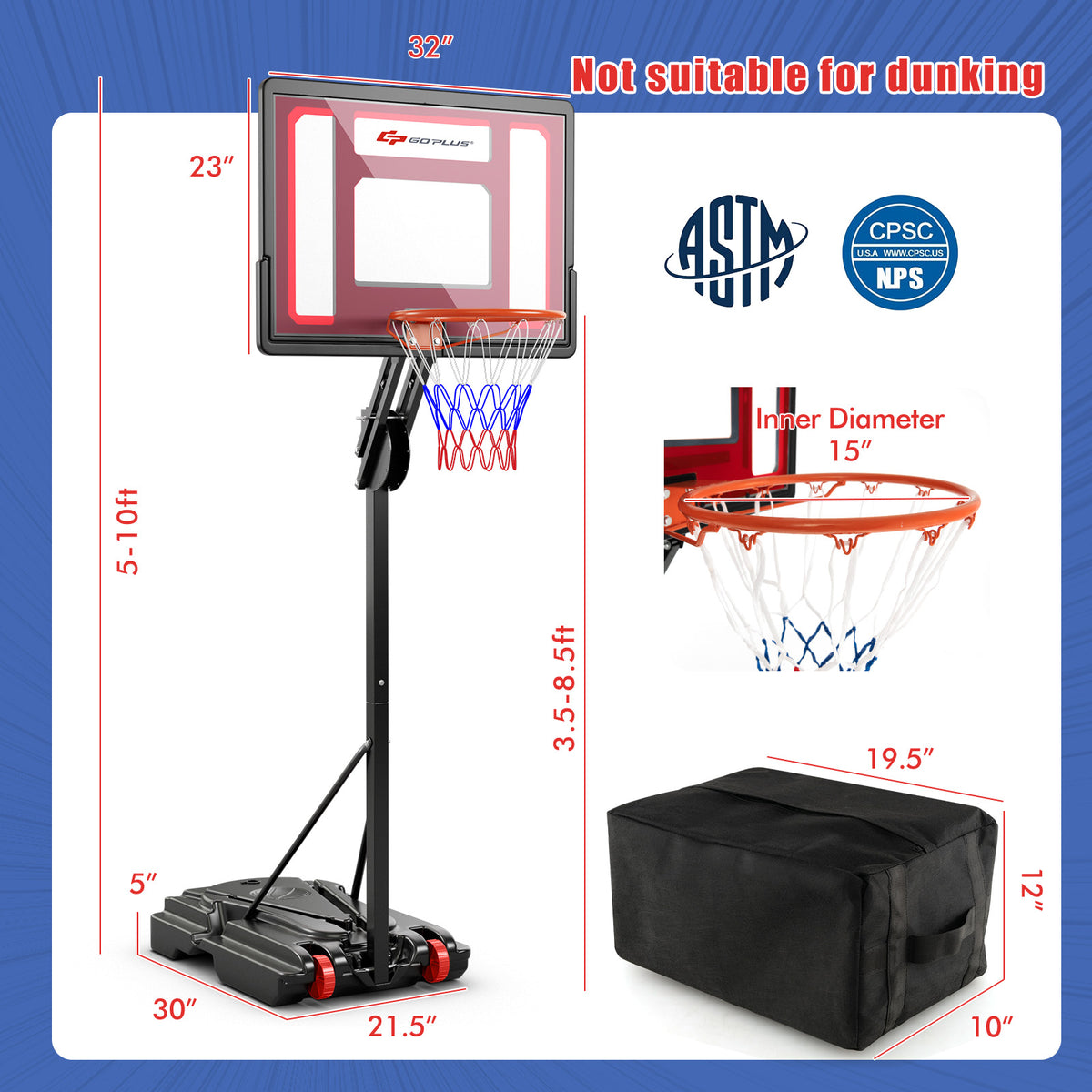Adjustable Indoor Outdoor Basketball Hoop with Backboard and Net