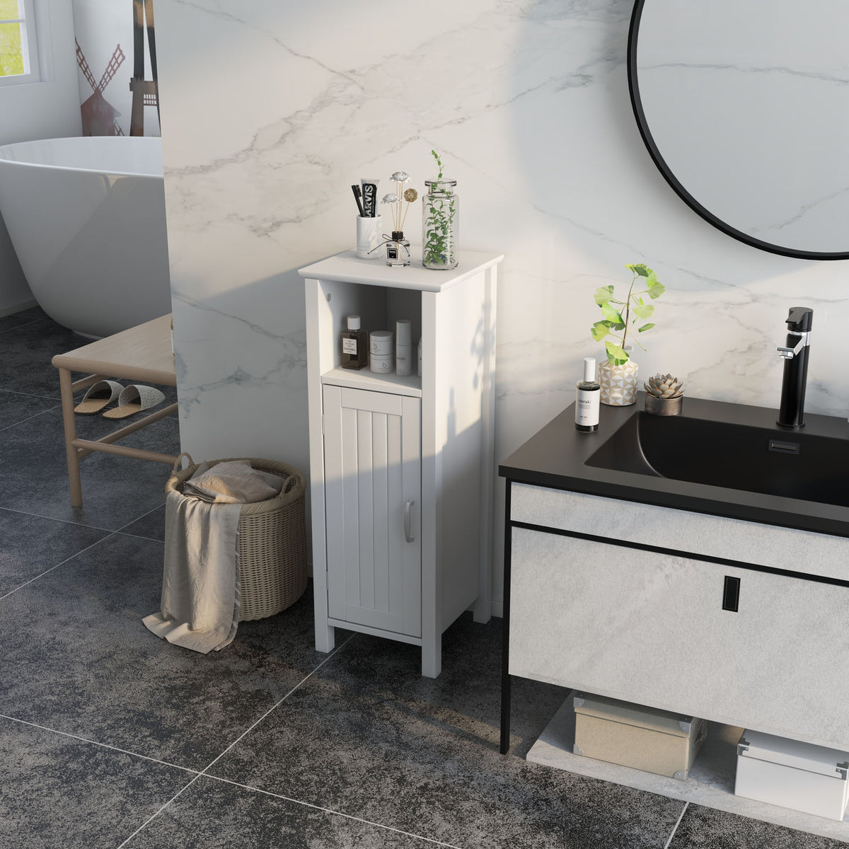 Bathroom Storage Cabinet with Open Compartment, White