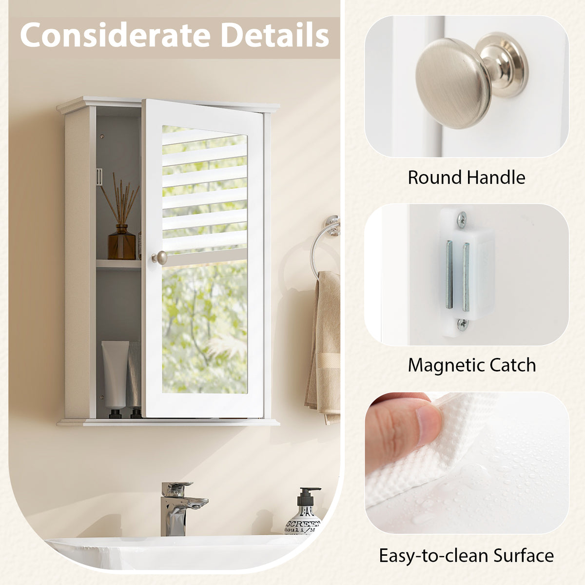 21-In Bathroom Mirror Cabinet with Adjustable Shelf, White
