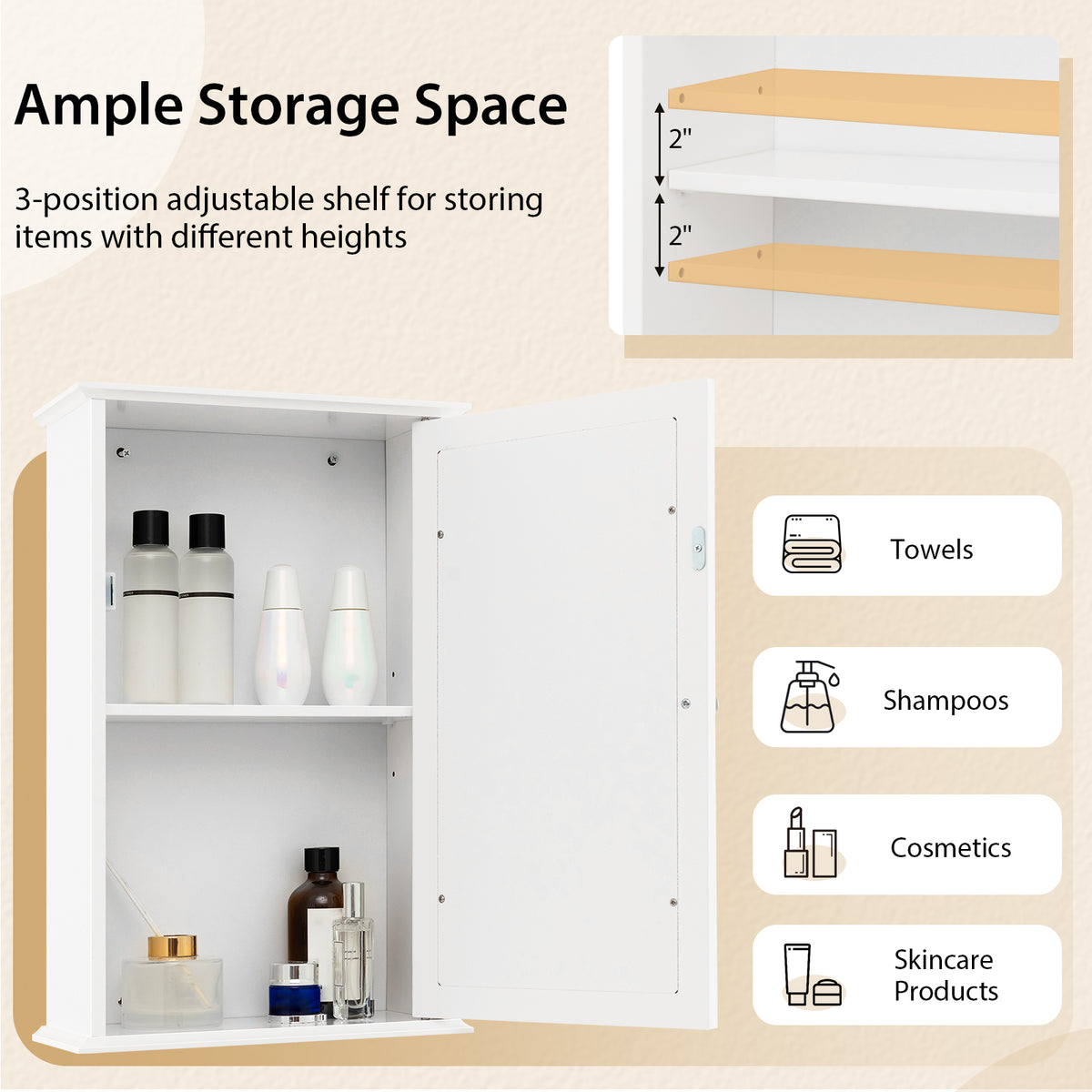 21-In Bathroom Mirror Cabinet with Adjustable Shelf, White