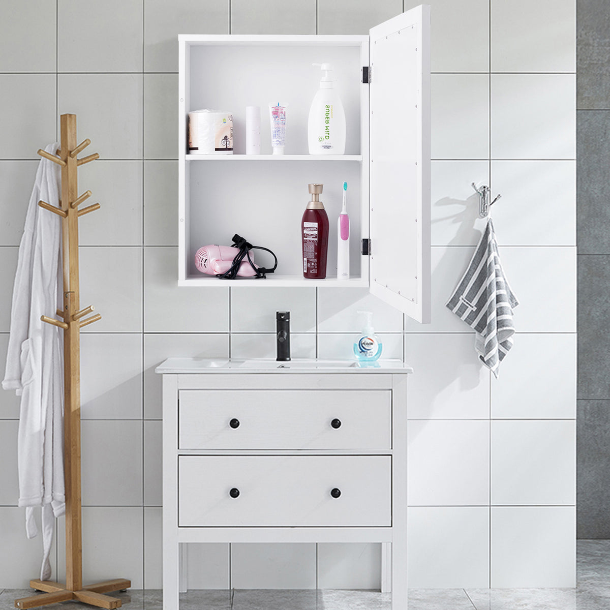 Mirrored Bathroom Medicine Cabinet with Single Door and Adjustable