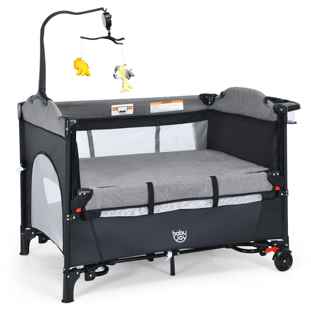 5-in-1 Foldable Baby Playpen Bedside Crib with Music Box - Gray - Costway