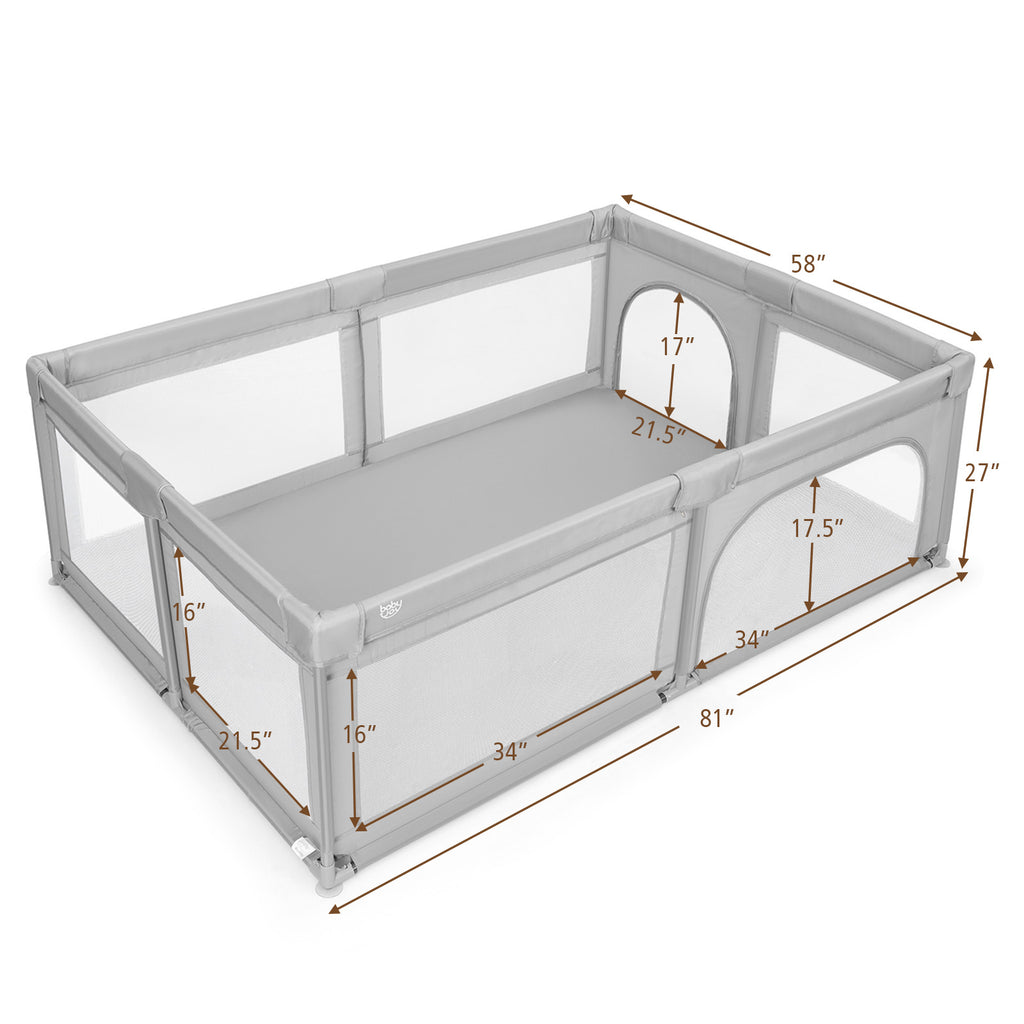 Gray 81 x 58 Inch Baby Playpen with 50 Ocean Balls & Zipper Doors - Safety & Kids Activity