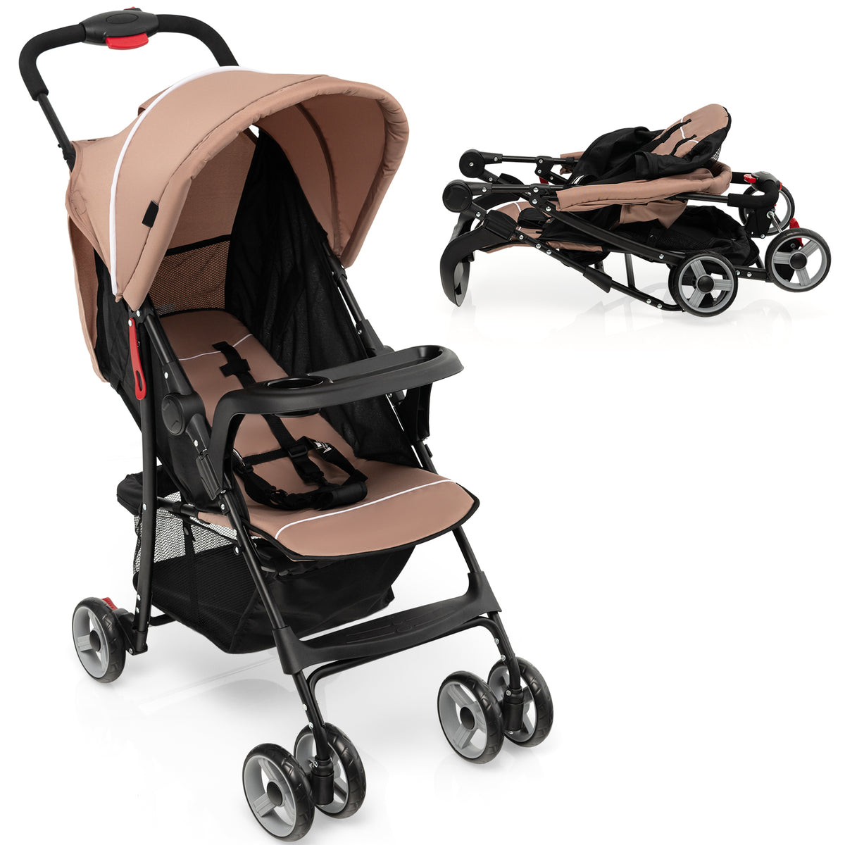 Toddler Compact Travel Stroller with Canopy and Adjustable Backrest - 2 Positions, Brown