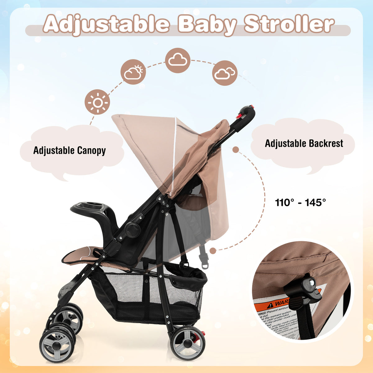 Toddler Compact Travel Stroller with Canopy and Adjustable Backrest - 2 Positions, Brown
