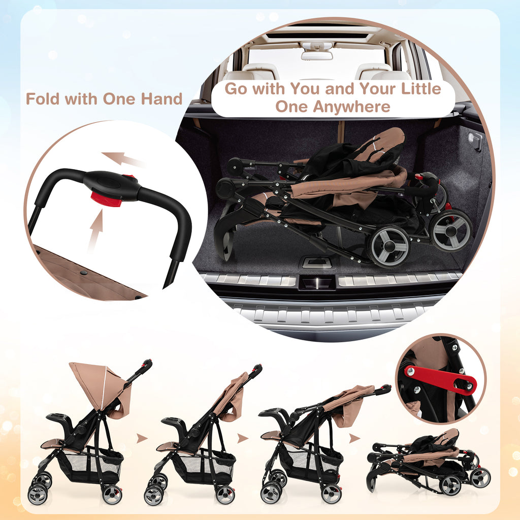 Toddler Compact Travel Stroller with Canopy and Adjustable Backrest - 2 Positions, Brown
