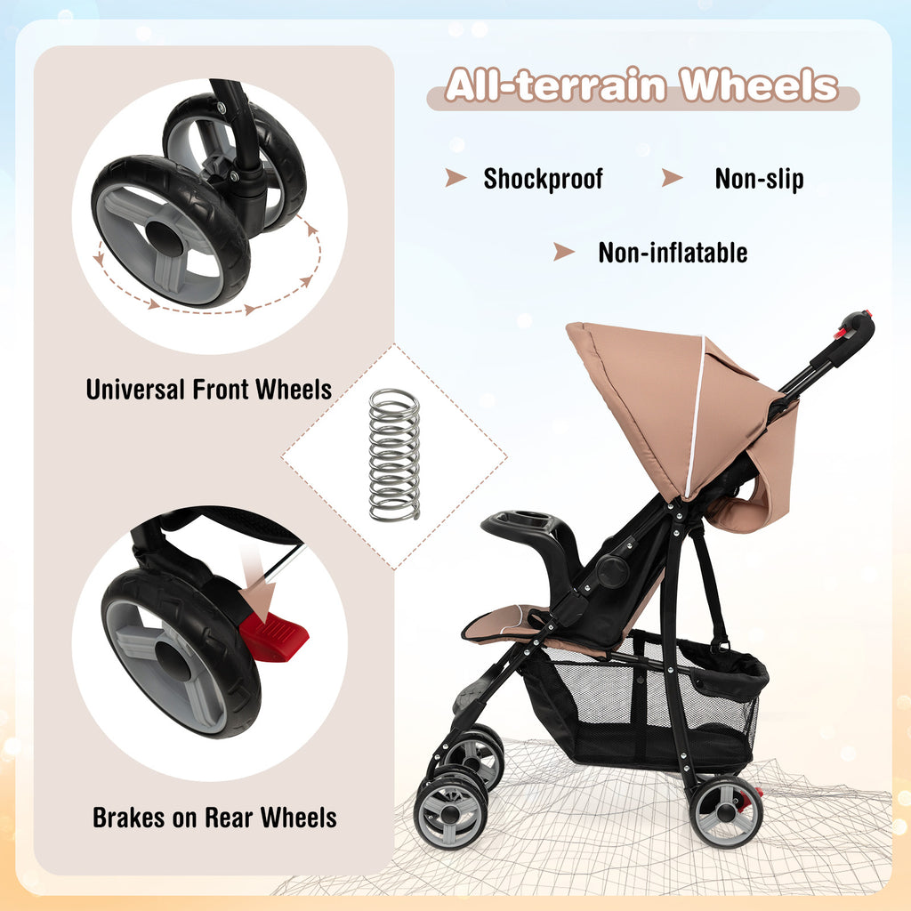 Toddler Compact Travel Stroller with Canopy and Adjustable Backrest - 2 Positions, Brown