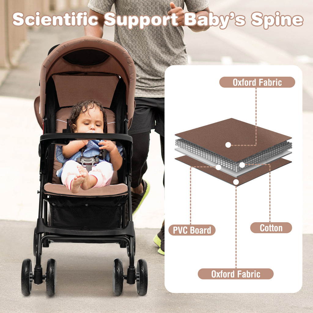 Toddler Compact Travel Stroller with Canopy and Adjustable Backrest - 2 Positions, Brown