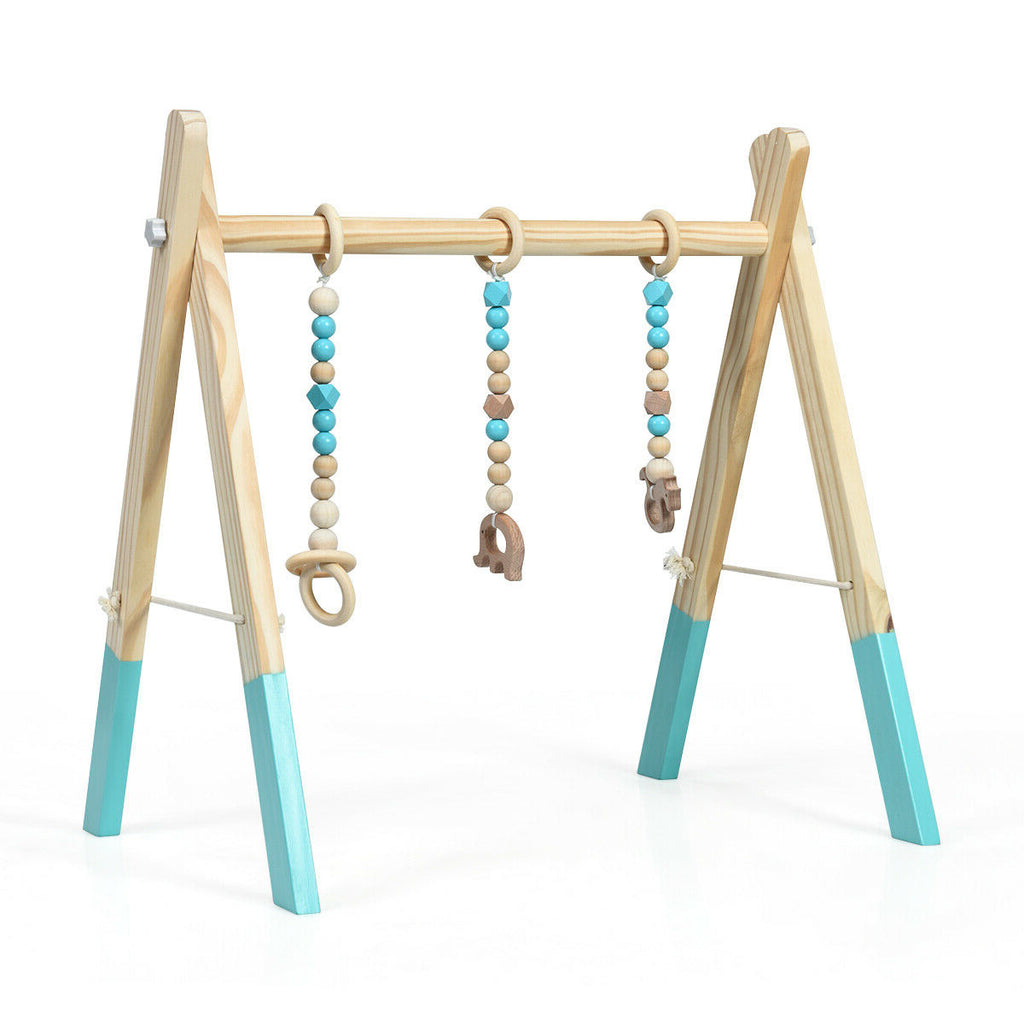 Wooden Baby Play Center with 3 Hanging Toys - Blue, Foldable & Easy to Disassemble