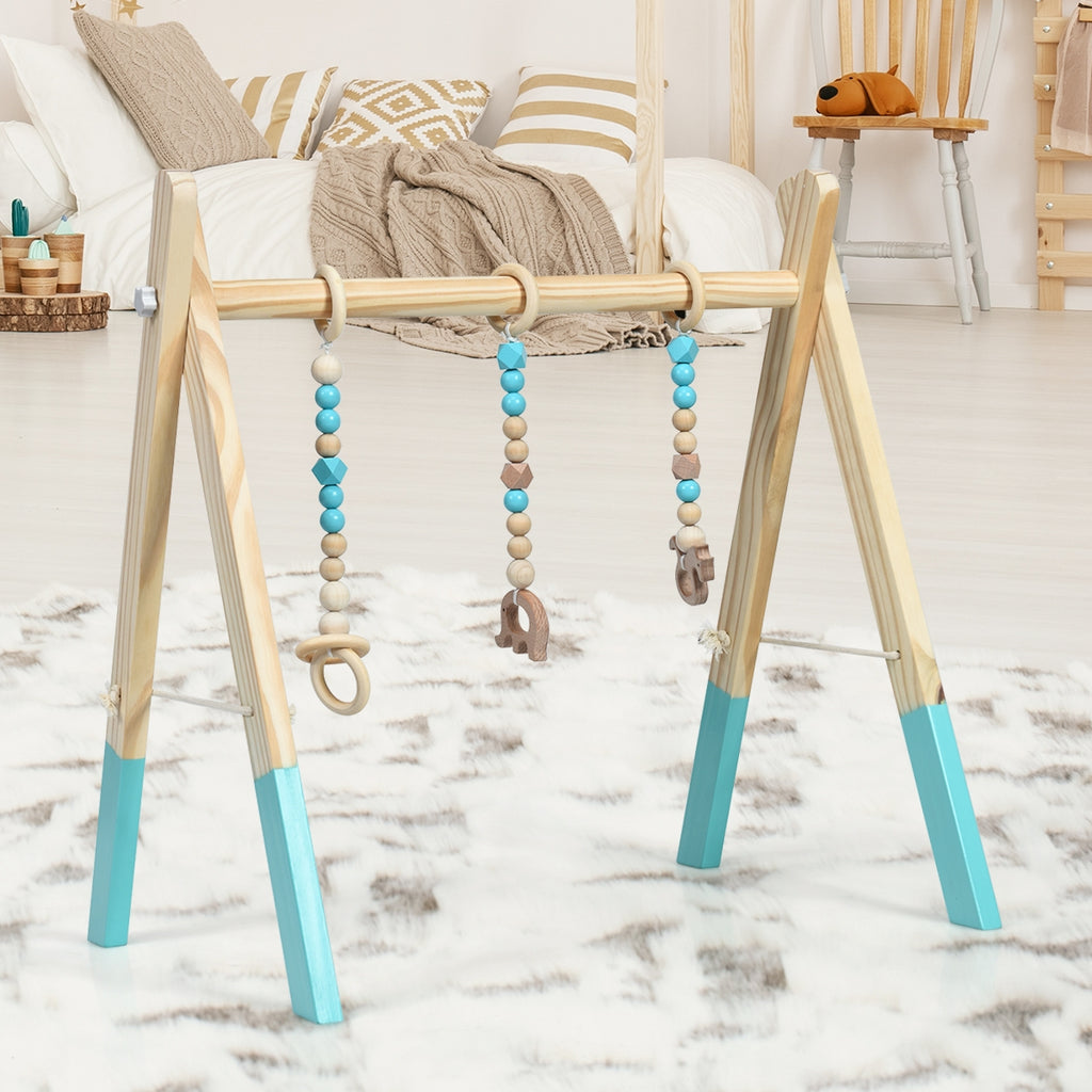 Wooden Baby Play Center with 3 Hanging Toys - Blue, Foldable & Easy to Disassemble