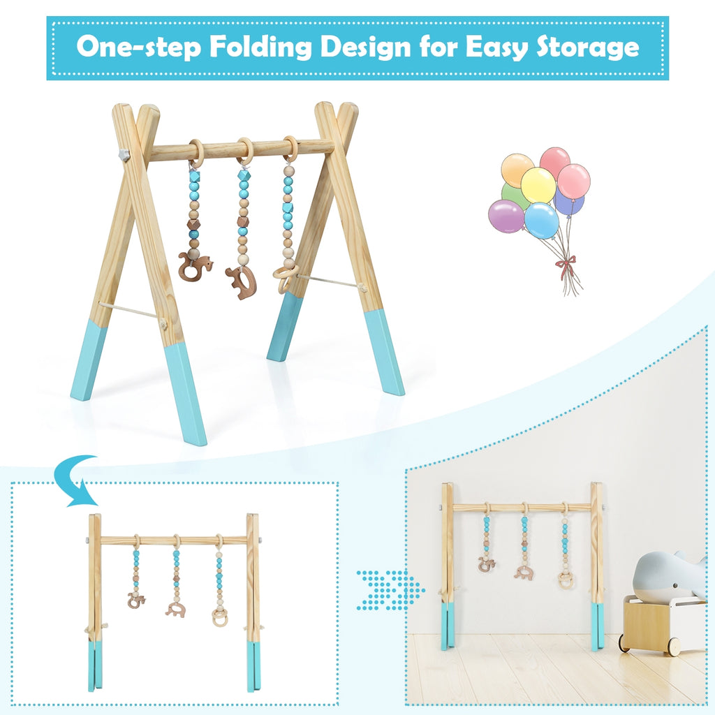 Wooden Baby Play Center with 3 Hanging Toys - Blue, Foldable & Easy to Disassemble