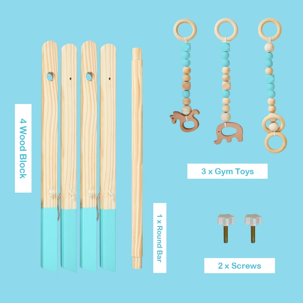 Wooden Baby Play Center with 3 Hanging Toys - Blue, Foldable & Easy to Disassemble