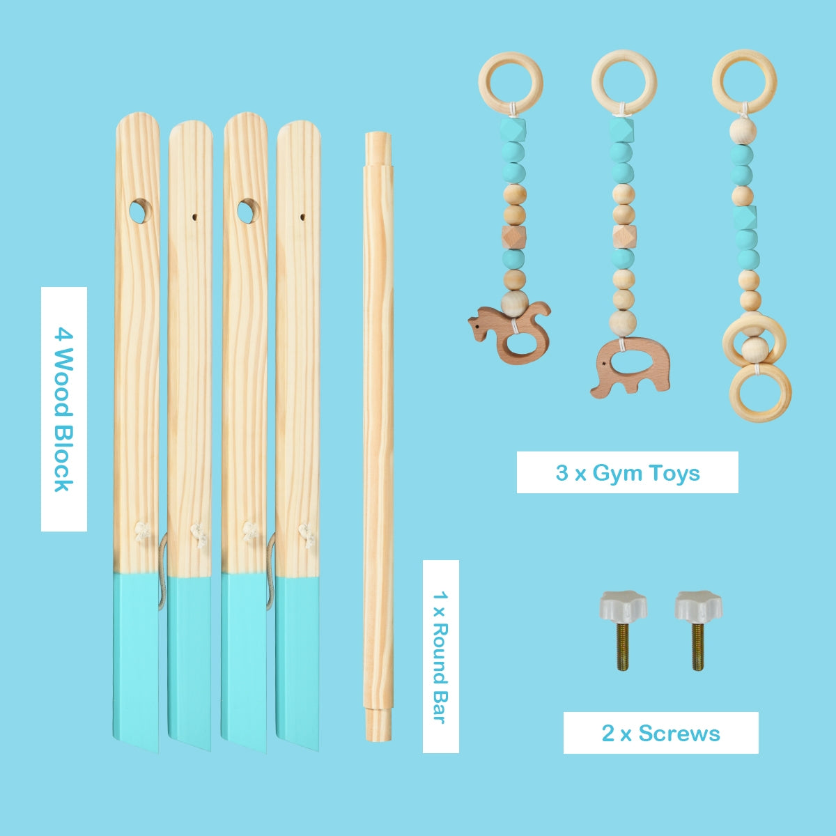 Wooden Baby Play Center with 3 Hanging Toys - Blue, Foldable & Easy to Disassemble