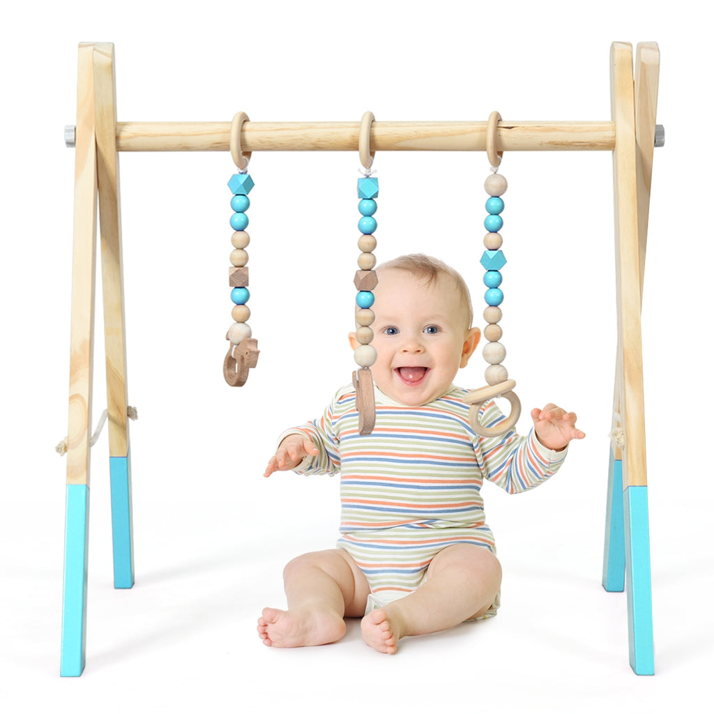 Wooden Baby Play Center with 3 Hanging Toys - Blue, Foldable & Easy to Disassemble