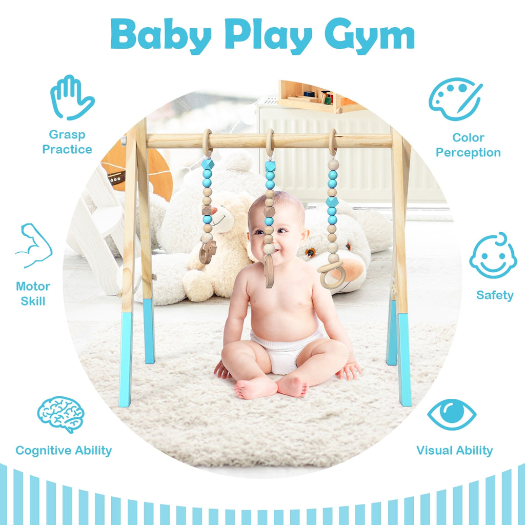 Wooden Baby Play Center with 3 Hanging Toys - Blue, Foldable & Easy to Disassemble