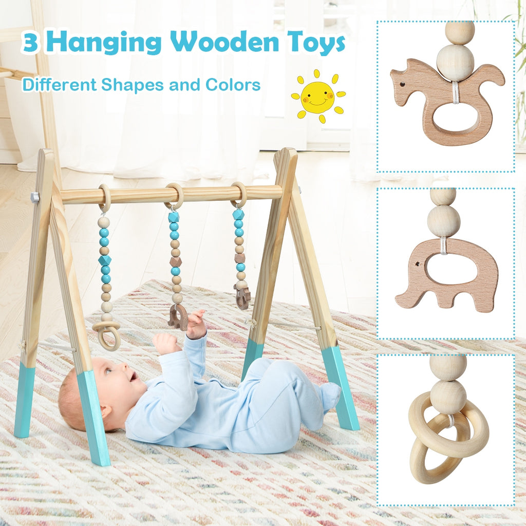 Wooden Baby Play Center with 3 Hanging Toys - Blue, Foldable & Easy to Disassemble