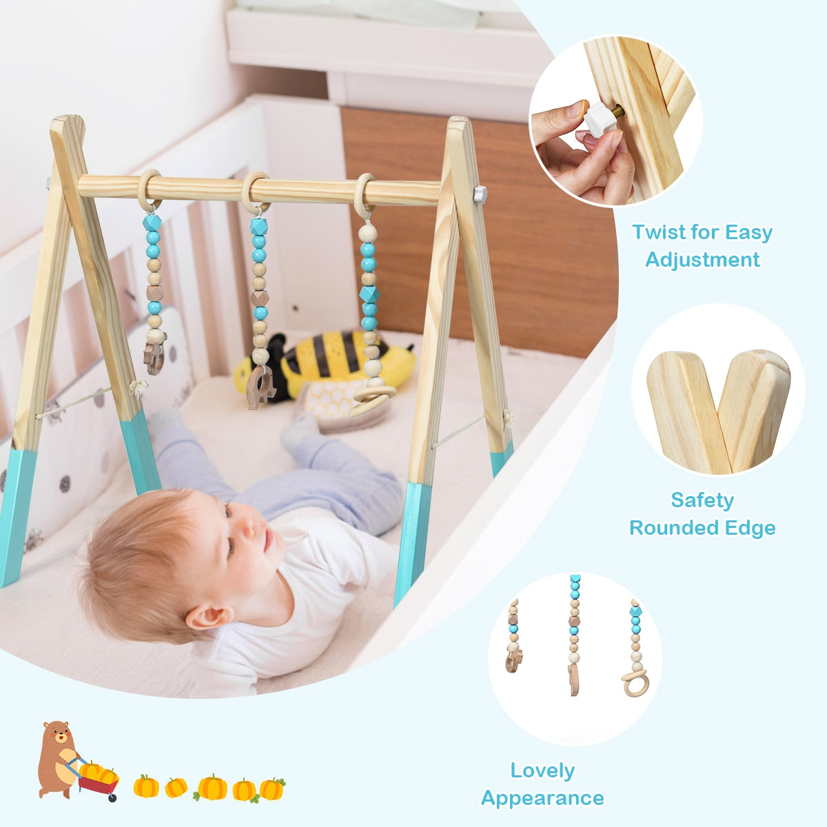 Wooden Baby Play Center with 3 Hanging Toys - Blue, Foldable & Easy to Disassemble