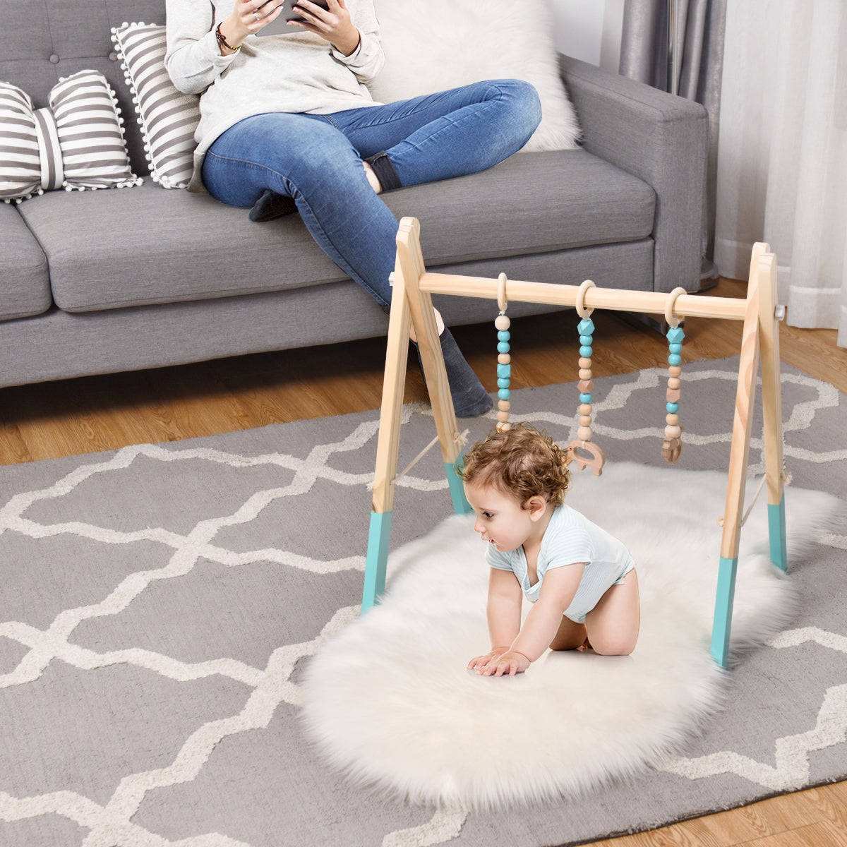Wooden Baby Play Center with 3 Hanging Toys - Blue, Foldable & Easy to Disassemble