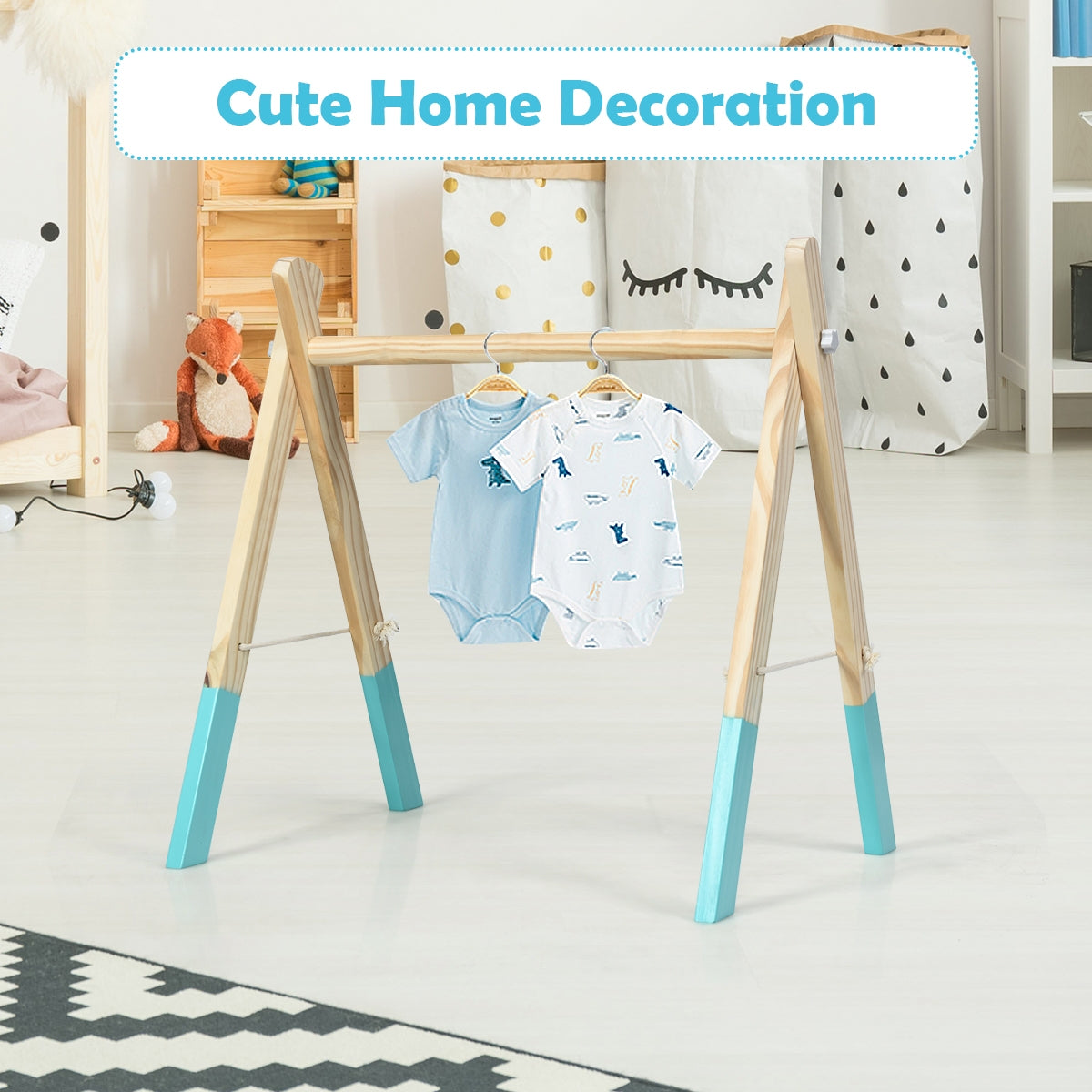 Wooden Baby Play Center with 3 Hanging Toys - Blue, Foldable & Easy to Disassemble